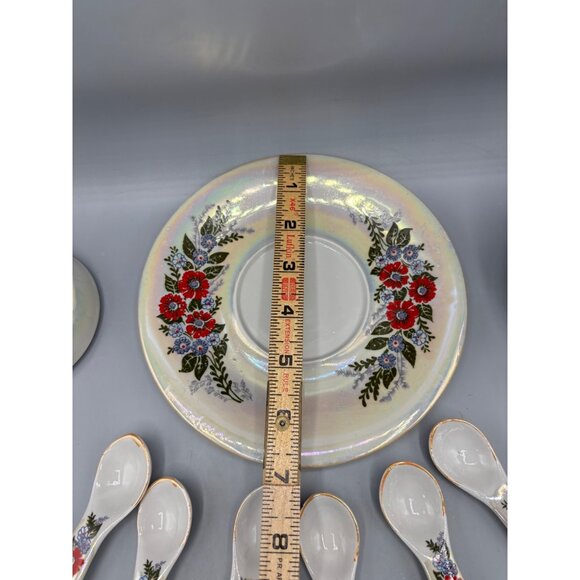 Vtg Honey Jar w 6 Spoons Lustreware Iridescent Floral Ceramic - Picture 9 of 10